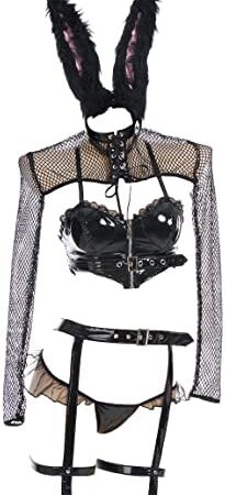 MEOWCOS Women Sexy Lingerie Set Bunny Girl Translucent Hollow Lace Costume Gothic Outfit with Stockings and Hair Band