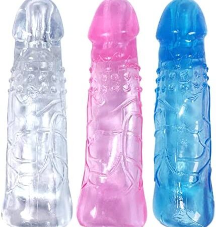 Reusable Penis Sleeve Extender, 3PCS Clear Realistic Textured Cock Enlargers Body-Safe Stretchy Material Soft Sex Toys for Men Masturbators (Blue,Pink,Large,White)