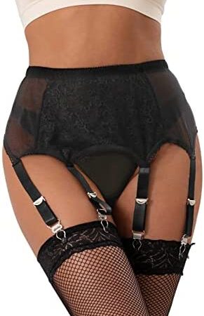ohmydear Women Plus Size Suspender Belt Lace Garter Belt Mesh Lingerie Set with 6 Adjustable Straps and G String(No Stockings)