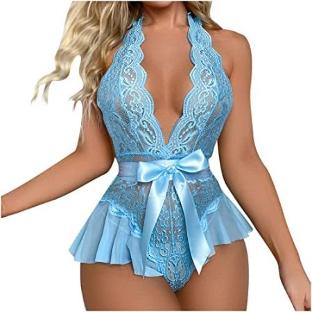 AMhomely Sexy Bodysuit Lingerie for Women One Piece Leotard Halter Deep V Neck Stretchy Lace Playsuits Ladies Adult Bedroom Naughty Teddy Babydoll Romper Floral Bowknot Bodysuits