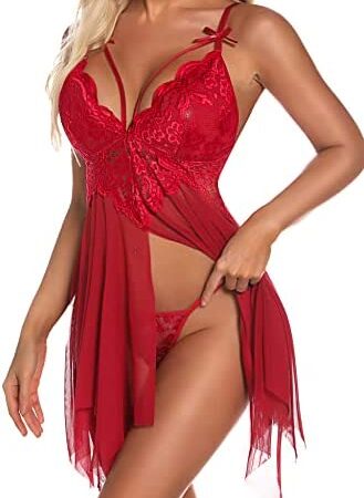 Aranmei Babydoll Lingerie for Women Sexy Lace Lingerie Set Open Front Nightdress V-Neck Babydoll with Lace G-String Sleepwear Nightgown