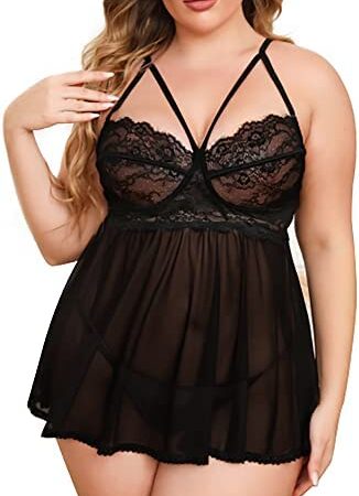 Aranmei Plus Size Lingerie for Women Lace Babydoll Strappy Chemise Nightie Nightdress with Thigh Cuffs
