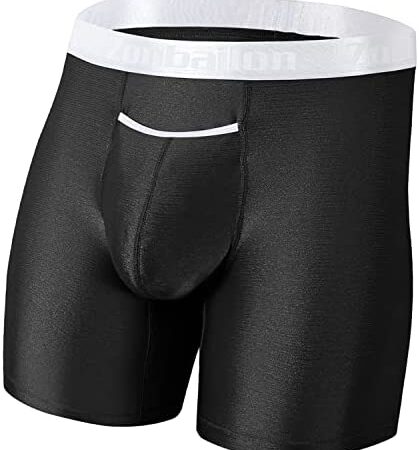 BIATWOWR Men's Boxer Briefs Ice Silky Front Open Fly Pouch Tagless Elastic Wide Band Anti Chafing Long Leg Underwear