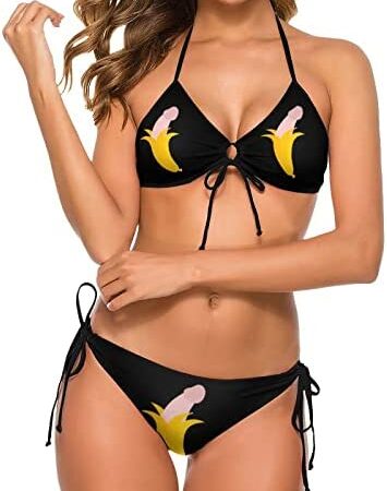 Funny Banana Penis Women's Two Piece Bikini Swimsuit Halter Bra Tie Side Triangle Briefs Bathing Suits Swimwear