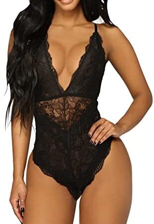 HOTSO Sexy Lingerie Teddy Women's Bodysuits One Piece Leotard Lace Babydoll Deep V Neck Sexy Underwear Jumpsuit Outfit Clubwear