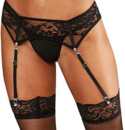 TOEECY Women Suspender Belt Set Black Lace Lingerie Set with 4 Strap Slim Garter Belt and G-String Sexy Thigh Garter Garter Socksgarter (L)