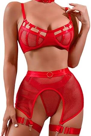 popiv Women's Lingerie Sets Sexy Lingerie Set with Garter Belt and Suspender 4 Piece Bra and Panties Sets High Waisted Lingerie with Choker