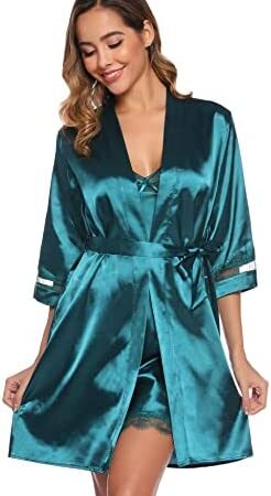 Sykooria Women's Dressing Gown, 2 Pieces Silk Satin Short Kimono Robe Pajama Dress Lace Lingerie Set Bathrobe Nightgown