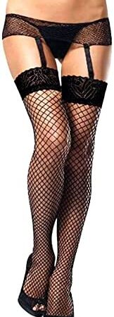 Womens Sexy Black Fishnet Suspender Belt with Lace Elasticated Net Stockings