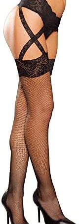 ROSAA Women's Lace Garter Belt,Suspender Belt and Mesh Fishnet Stockings Set,Sexy Lingerie with Thigh-High Socks,Adjustable Stretchy Straps for Cosplay Costume(Black) (Mesh Stockings)