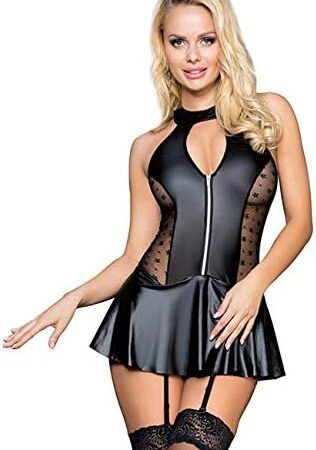 ohyeahlady Women's Plus Size Lingerie Set Faux Leather Lace Nightwear Clubwear Pvc Outfits with Garter Belt and G-String,UK 8-22