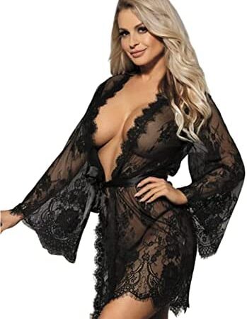 ohyeahlady Womens Sexy Lingerie Set Plus Size Babydoll Nightwear Kimono Dressing Gown Lace Robe Transparent Nightdresses with G-String