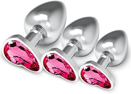 3Pcs Set Anal Butt Plug, Metal Butt Toys Heart Shaped Anal Trainer Fetish Stainless Steel Anal Training Kit SM Adult Gay Anal Plugs Woman Men for Beginners Couples Large/Medium/Small (Rose red)