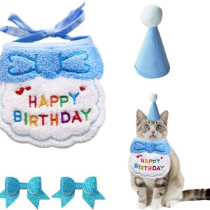 1 Piece of Bib, 1 Piece of Birthday Hat, 2 Pieces of Bow Hairpins, Puppy and Kitten Birthday Hat Scarf, Pet Birthday Supplies Set, Pet Cat Costume (Blue)