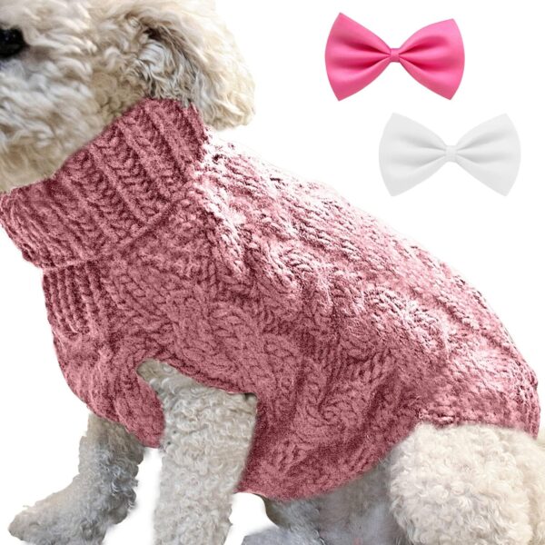 1 Piece of Pet Dog Turtleneck Knitted Sweater Jacket and 2 Pieces of Pet Bow Tie, Pet Clothing, Warm Dog Pullover, Winter Dog Warm Sweater, Pet Supplies (L, Pink)