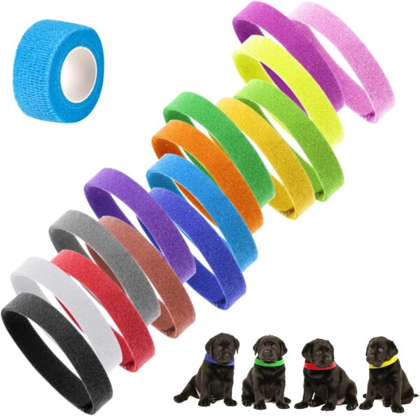 15 Puppy Collars with 1 Bandage for Pets, Self-Adhesive Collars, Kitten Identification Collars, Adjustable Collars for Newborn, Pets, Small Cats, Dogs