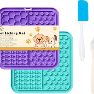 Licky Mats for Dogs – Pack of 2 Licky Mats With Spatula - Dogs Accessories Bathing Training Pad With Strong Suction Cup - Slow Pet Feeder For Food, Treats, Peanut Butter (Light Blue/Purple)