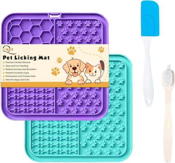 Licky Mats for Dogs – Pack of 2 Licky Mats With Spatula - Dogs Accessories Bathing Training Pad With Strong Suction Cup - Slow Pet Feeder For Food, Treats, Peanut Butter (Light Blue/Purple)