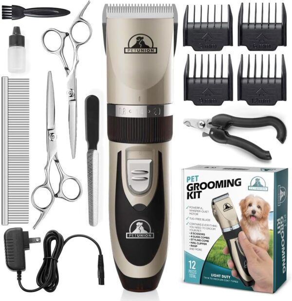 Pet Union Professional Dog Grooming Kit - Rechargeable, Cordless Pet Grooming Clippers & Dog Grooming Accessories, Low Noise & Suitable Dog Clippers, Cat Clippers and for Other Pets (Gold)