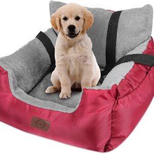 GoFirst Dog Car Seat for Small Dogs or Cats, Pet Booster Seat Travel Car Bed with Storage Pocket and Clip-On Safety Leash, Waterproof Warm Plush Dog Car Safety Seats,Red