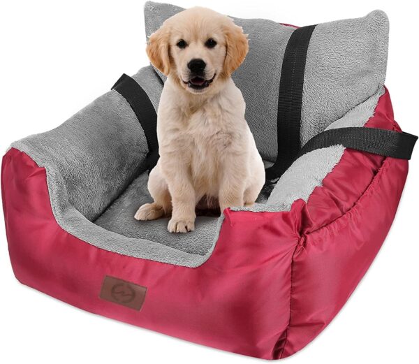 GoFirst Dog Car Seat for Small Dogs or Cats, Pet Booster Seat Travel Car Bed with Storage Pocket and Clip-On Safety Leash, Waterproof Warm Plush Dog Car Safety Seats,Red