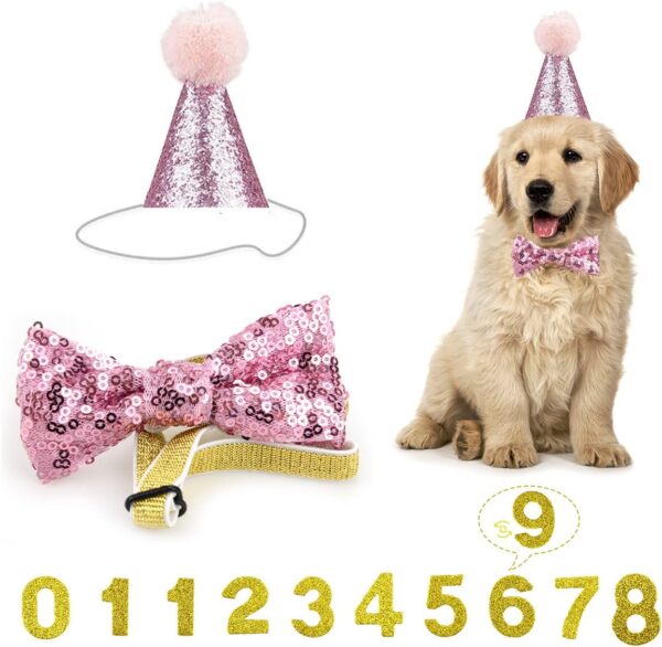 Dog Birthday Hat, Pet Birthday Hat Kit with Bow Tie Collar and Gold Number,Reusable Dog Cats Birthday Cap for Pet Puppy Cat Birthday Party Decorations, Pet Costumes Headwear Accessories (Pink)