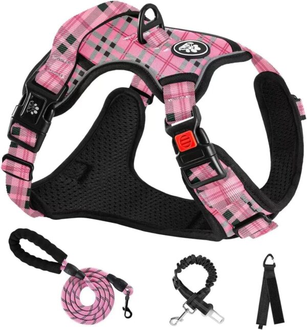 NESTROAD Dog Harness, No Pull Puppy Dog Car Vest Harness and Lead Set, Pink Plaid, Size S for Small Dogs Neck 11-15" Chest 15-21", Reflective No-Choke, Essential Pets Accessories for Training Walking