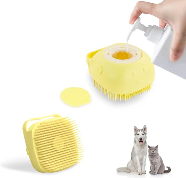 FuninCrea Cat Dog Bath Brush Silicone Dog Bath Massage Brush with Shampoo Dispenser Soft Silicone Pet Grooming Soothe Massage Brush for Dogs, Cats, Small Animals Shower (Yellow)