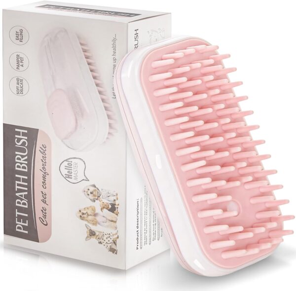 Uoking Pet Bath Brush with Shampoo Dispenser - Soft Silicone Dog Massage Brush for Effortless Grooming and Cleaning - Dog Bath Brush and Scrubber for Long and Short-Haired Dogs and Cats - Pink