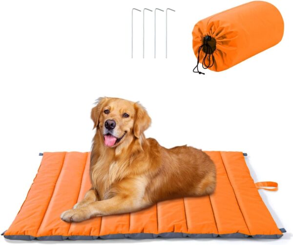 Pawaboo Outdoor Dog Bed Mat, Foldable Waterproof Pet Bed, Portable Outdoor Camping Dog Bed for Picnic, Washable Cotton Filling Mat for Medium Dogs Includes Carry Bag (47'' x 40'' Orange, XL)