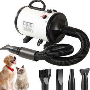 AHWOiHS Dog Hair Dryer 2800W Dog Blaster Dryer Pet Dryer Blower Stepless Speed Professional Pet Grooming Hair Dryer with 4 Different Nozzles for Dog Cat (White)