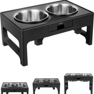 Elevated Dog Bowls, Stainless Steel Raised Bowl with Adjustable Stand, Double Food and Water for Medium Large Dogs or Cat, 3 Heights 3.9”, 7.8”, 11.8” (Black)