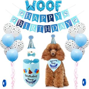 Dog Birthday Party Supplies,Dog Birthday Bandana Hat Set,Bandana, Happy Birthday Banner,Triangle Scarf,12 Inch Paw Print Balloon,Cute Bowtie for Pet Boy/Girl, Party Accessories (blue)