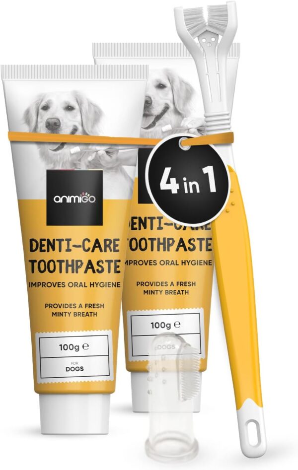 Dog Toothbrush and Toothpaste Kit - 2x Dog Toothpaste for Plaque and Fresh Breath (100g each), 1x Triple-Head Dog Tooth Brush to Remove Tartar & 1x Dog Finger Toothbrush - Dog Teeth Cleaning Products