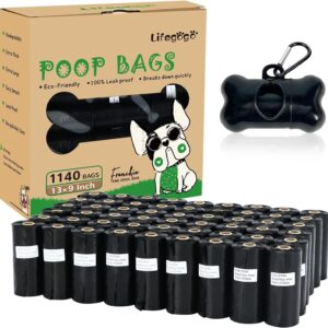 Dog Poo Bags - 1140 Counts Dog Poop Bags Rolls with Dispenser, Unscented Poo Bags for Dog, Extra Thick Strong Leak Proof Dog Waste Bags, Black - 57 Rolls