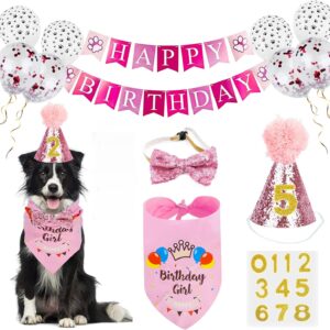 Dog Birthday Bandana Girl, VIPITH Cute Dog Birthday Party Supplies with Happy Birthday Banner Bow Tie Hat Banner Balloons Cake Topper for Pet Puppy Cat Birthday Decorations (Pink/Girl