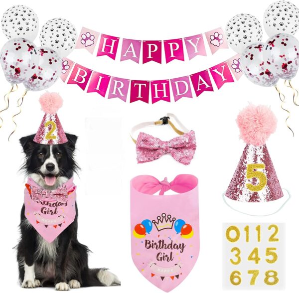 Dog Birthday Bandana Girl, VIPITH Cute Dog Birthday Party Supplies with Happy Birthday Banner Bow Tie Hat Banner Balloons Cake Topper for Pet Puppy Cat Birthday Decorations (Pink/Girl