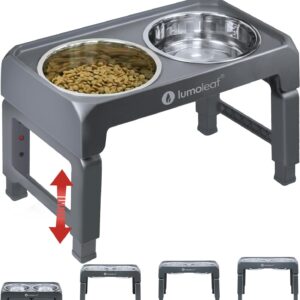 LumoLeaf Elevated Dog Bowls, 4 Height Adjustable Stand, Raised Dog Food and Water Bowls Stainless Steel, Non Slip Tall Feeding Station Adjusts to 3.3”, 9.5”, 10.5”, 11.6” for Small Medium Large Dogs