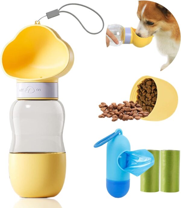 Dog Water Bottle,Convenient Dog Water Dispenser,Leak Proof Puppy Water Bowl,Pet Water Bottle with Dog Food Container,Dog Poop Bags with Dispenser for Walking,Hiking & Travel. (Yellow)