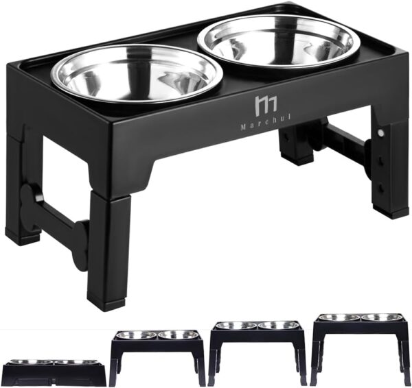 Marchul Elevated Dog Bowls, 4 Height Adjustable Raised Dog Bowls with 2 Stainless Steel, Non-Slip Dog Food and Water Bowl with Stand Adjusts to 8.9cm, 23cm, 27cm, 31cm for Small Medium Large Dog Cat