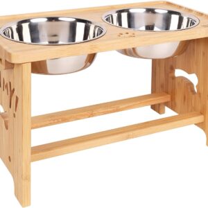 Raised Dog Bowls For Large Dog, Elevated Dog Bowls Bamboo Stand, Dog Bowls Stand With 2 Stainless Steel Bowls By Nothing Burger