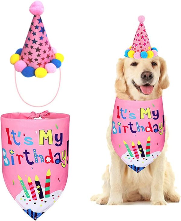 Dog Birthday Bandana Birthday Party Supplies,Dog Bandana with Cute Doggie Birthday Party Hat,Cute Girl Boy Dog Birthday Outfit for Cat and Dog Party Accessories(Pink）