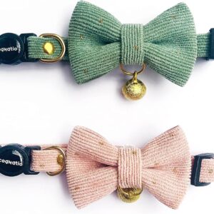 Cognatio Safety Quick Release Cat Collars, Soft Kitten Collars with Detachable Bow Tie and Bell, Pack of 2, Adjustable 20-30 cm (20-30 cm, Green+Pink)