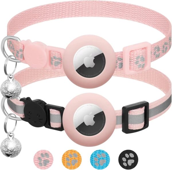 2 Pack Airtag Cat Collar Breakaway with Bell,Reflective Kitten Collar with Apple Airtag Cat Collar Holder,Adjustable 7-12In,Safety Buckle for Girl Boy Cats,Pet Supplies,Accessories,Gifts (Pink)