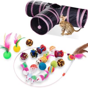 21 PCS Cat Interactive Toys - Kitten Tunnel Toy Assortments Feather Wand Fun Ball Chew Sticks, Fluffy Mouse, Fake Mice, Crinkle Balls, Bell Play Supplies for Kitten (3way-pink)