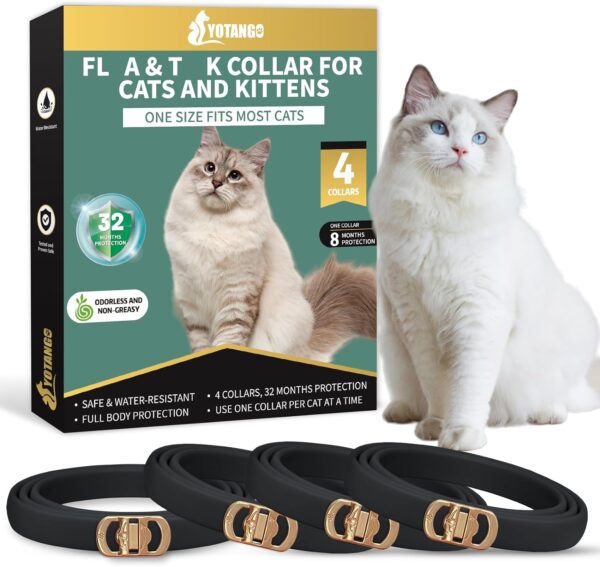 YOTANGO Adjustable Cat Collar 4 Pack - Black Collar for Cats, Soft Comfortable Lasting Waterproof Collar with 32 Months Protection for Small/Medium/Large Cats(48cm)