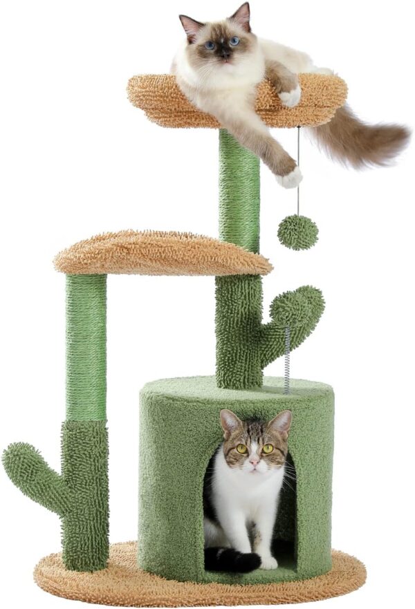 PETEPELA Small Cat Tree 83cm Modern Cactus Cat Tree Scratching Post for Small to Medium Size Cats Cat Tree with Plush Cave Bobble Ball Sisal Rope Scratching Post