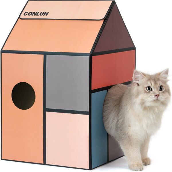 Conlun Cardboard Cat House with Cat Scratcher Pad&Catnip,Easy-to-Assemble Cat Scratch Cardboard House for Various Home Decor,Cat Scratching Board Toy for Indoor Cats&Small Animals Birthday