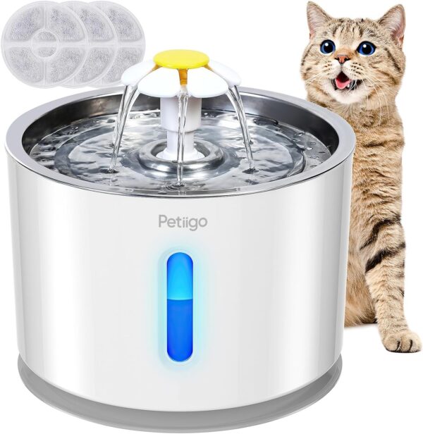 Petiigo Cat Water Fountain, Stainless Steel Fountain 2.4 L Pet Dog Dispenser for Cats Dogs with LED Indicator Light & 3 Activated Carbon Filters