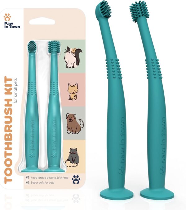 PawInTown Soft Cat Toothbrush Set – Suitable for Dogs – Food Grade Silicone – Kitten/Cat Dental Care, Cat Teeth Cleaning, Pet Care, Cat Necessities, Cat Tooth Brushing Kit – Tropical Teal